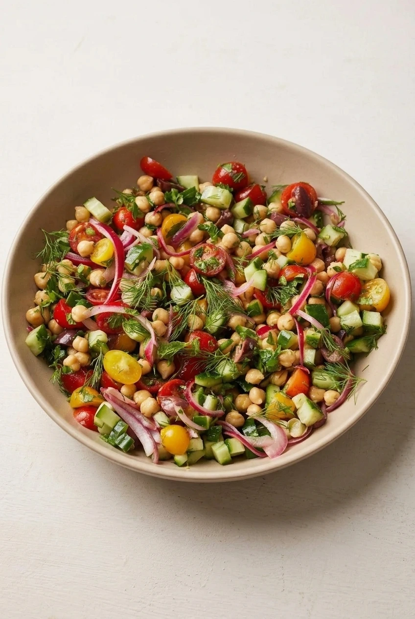 A full shallow bowl of colorful chickpea salad on a light neutral tabletop