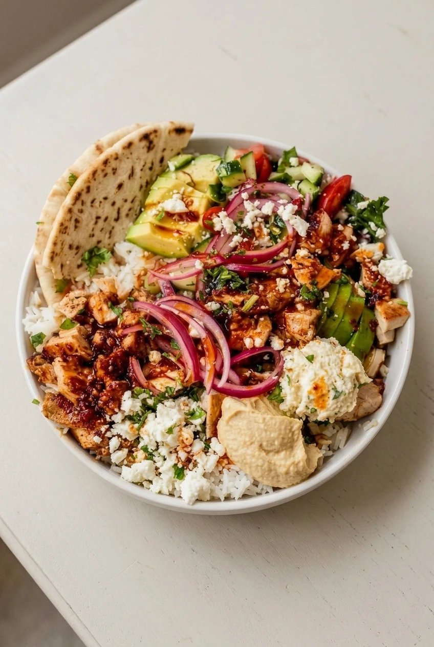 Complete honey harissa chicken bowl centered on a pale surface with rice, toppings, hummus, and pita
