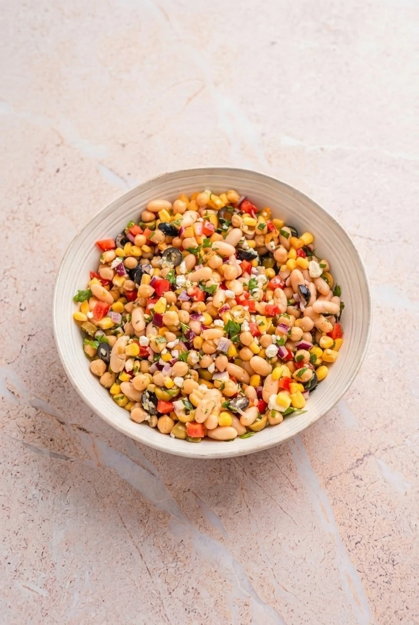 A full shallow bowl of dense bean salad centered on a pale surface, with its colorful ingredients visible