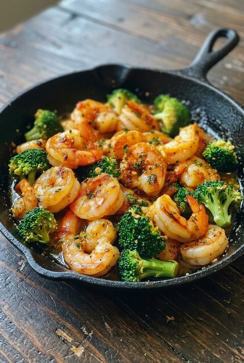 A full dark skillet of garlic butter shrimp and broccoli, shown with more surrounding surface in view.