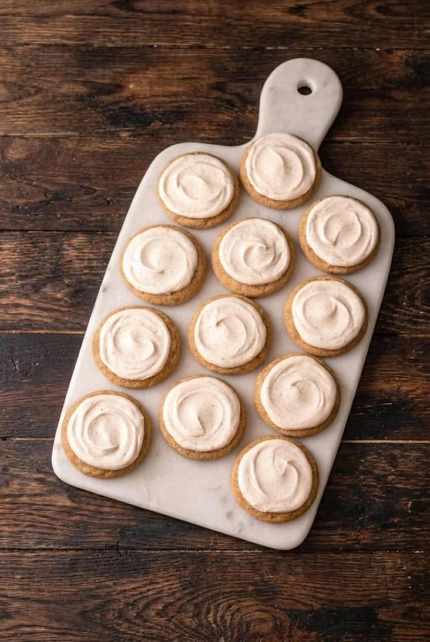 A full serving of frosted eggnog cookies arranged on a marble board with dark wood surface around it.
