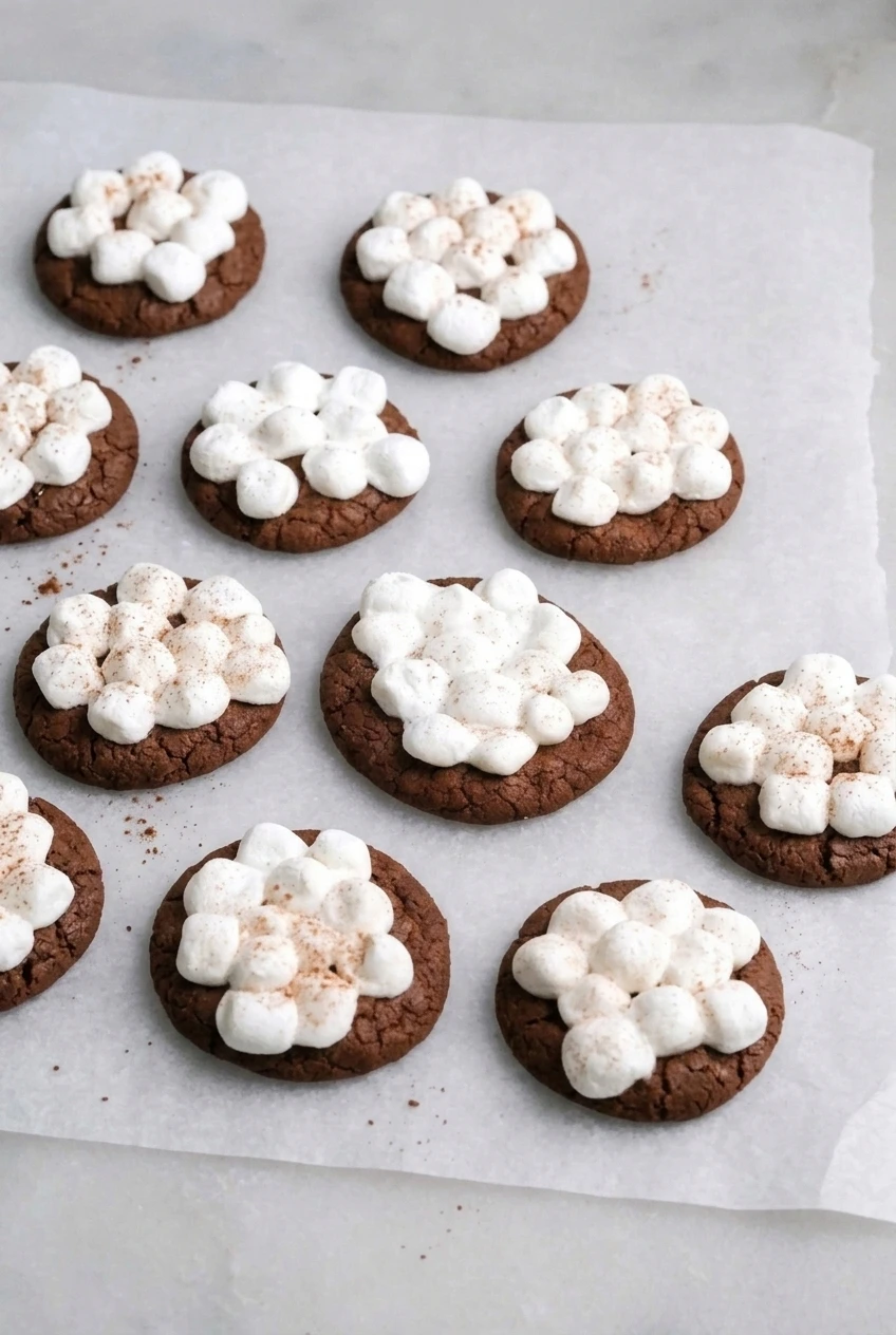 A wider view of round hot chocolate cookies topped with mini marshmallows on pale parchment.
