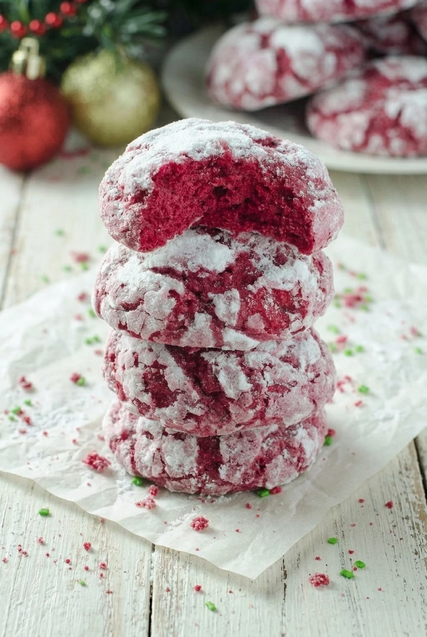 A wider view of a full stack of red velvet Christmas crinkle cookies on a pale serving surface