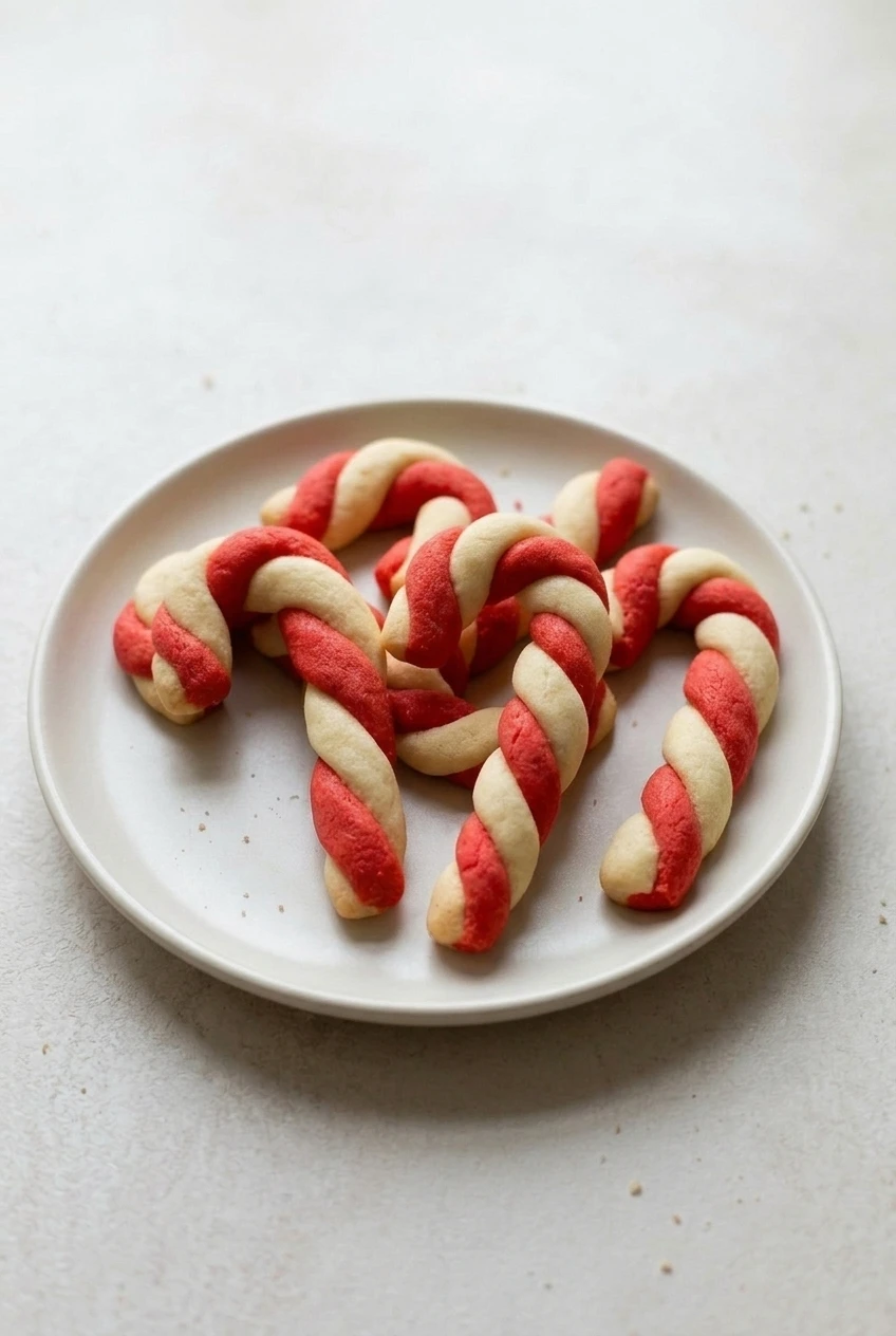 A full serving of peppermint candy cane cookies on a pale platter with surrounding surface visible