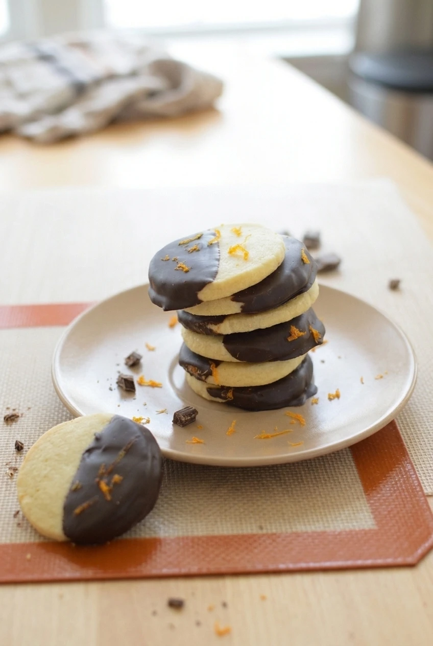 A wider view of half-dipped chocolate orange shortbread cookies arranged on a plate with surrounding tabletop visible.