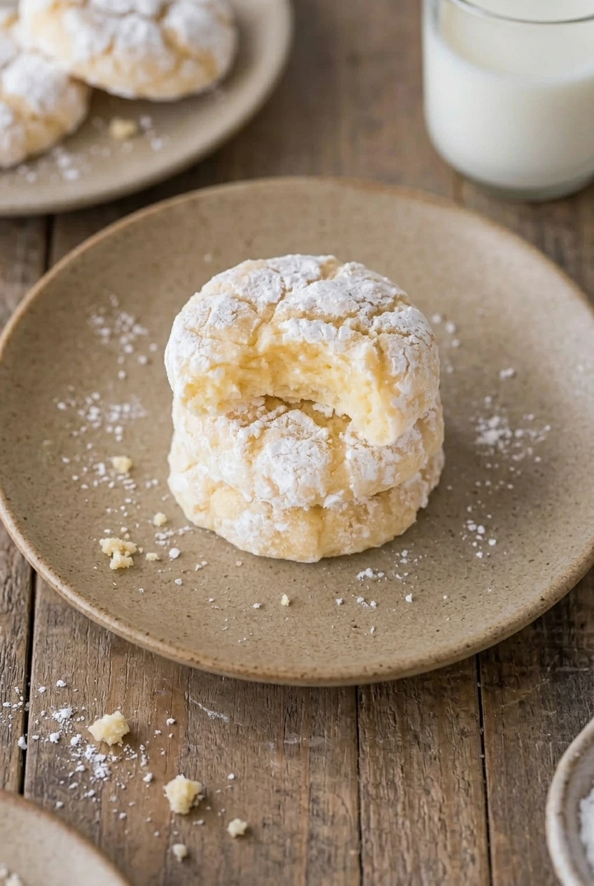 A wider view of a plate of thick, powdered-sugar-coated Christmas gooey butter cookies, including one broken open.