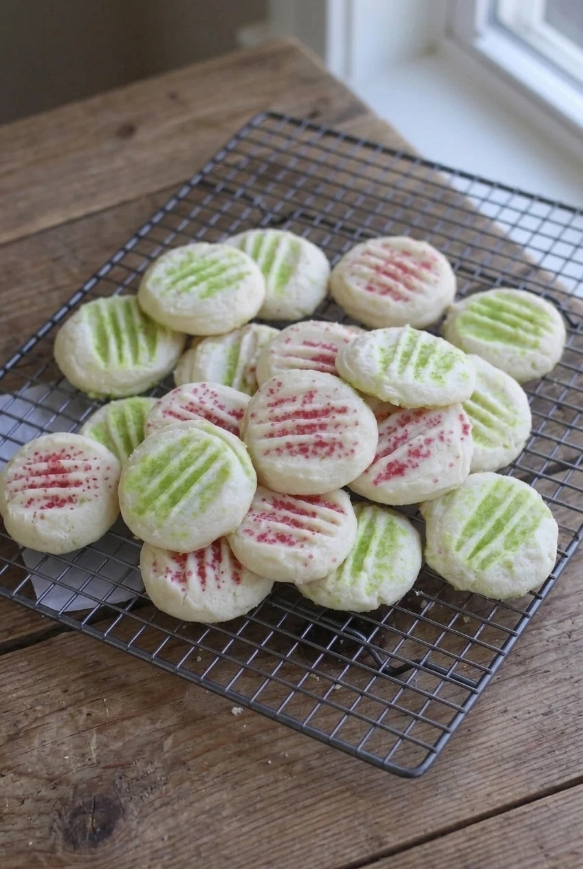 A full serving of pale fork-pressed Christmas shortbread cookies with red and green sugar on a wire rack