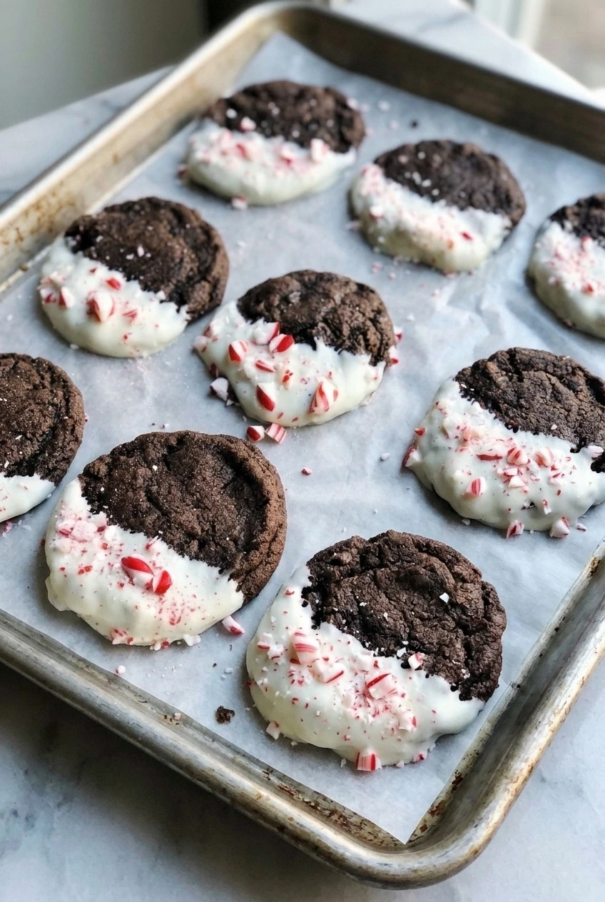 A wider serving of chocolate peppermint cookies on parchment, with the full group of white-dipped cookies visible.