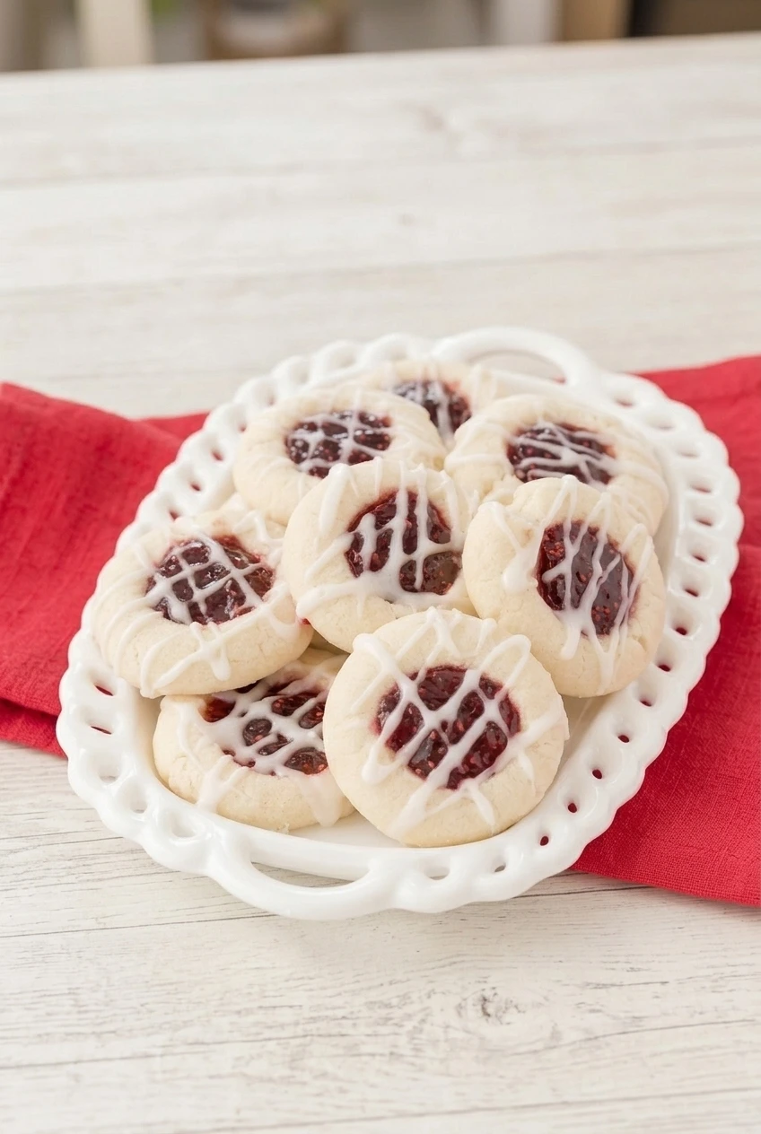 A full plate of pale raspberry thumbprint cookies with jam centers and white icing drizzle