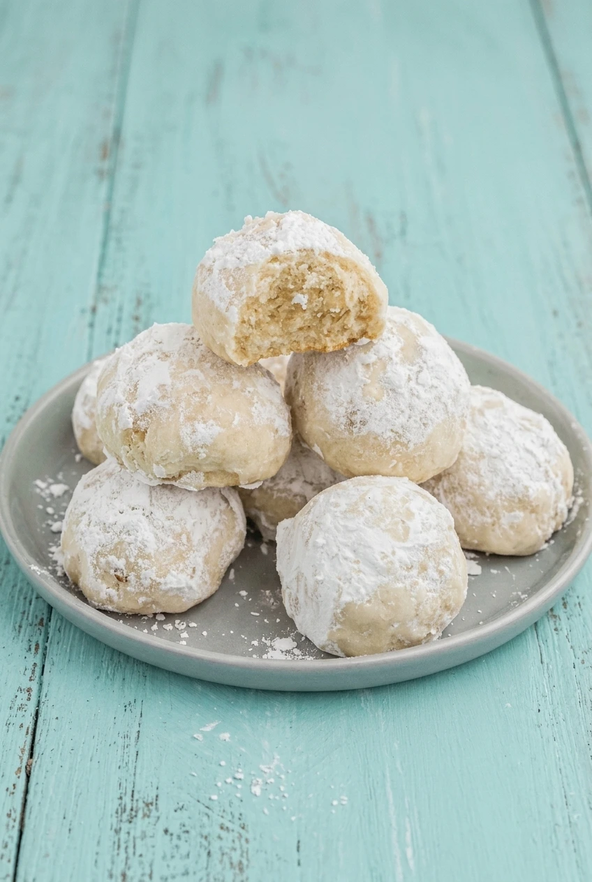 A full plate of powdered-sugar-coated pecan snowball cookies on a turquoise surface