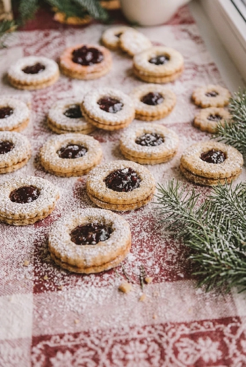 A wider view of the full group of powdered-sugar-dusted Christmas Linzer cookies on a patterned surface.