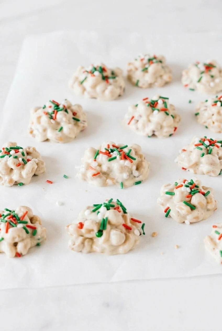 A wider serving of Christmas Crockpot Candy clusters with peanuts and red and green sprinkles