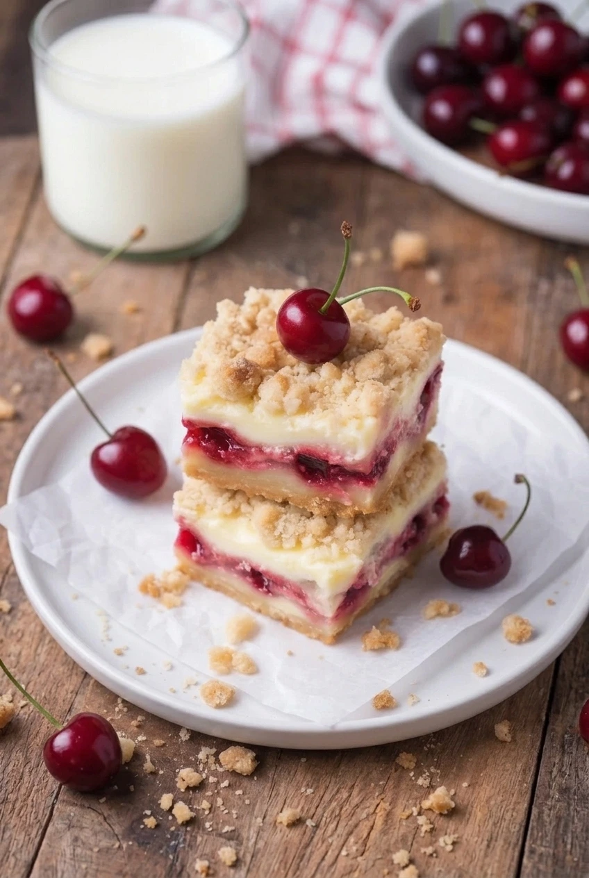 A full serving of stacked Christmas cherry cheesecake bars on parchment, with their distinct layers and golden crumb topping
