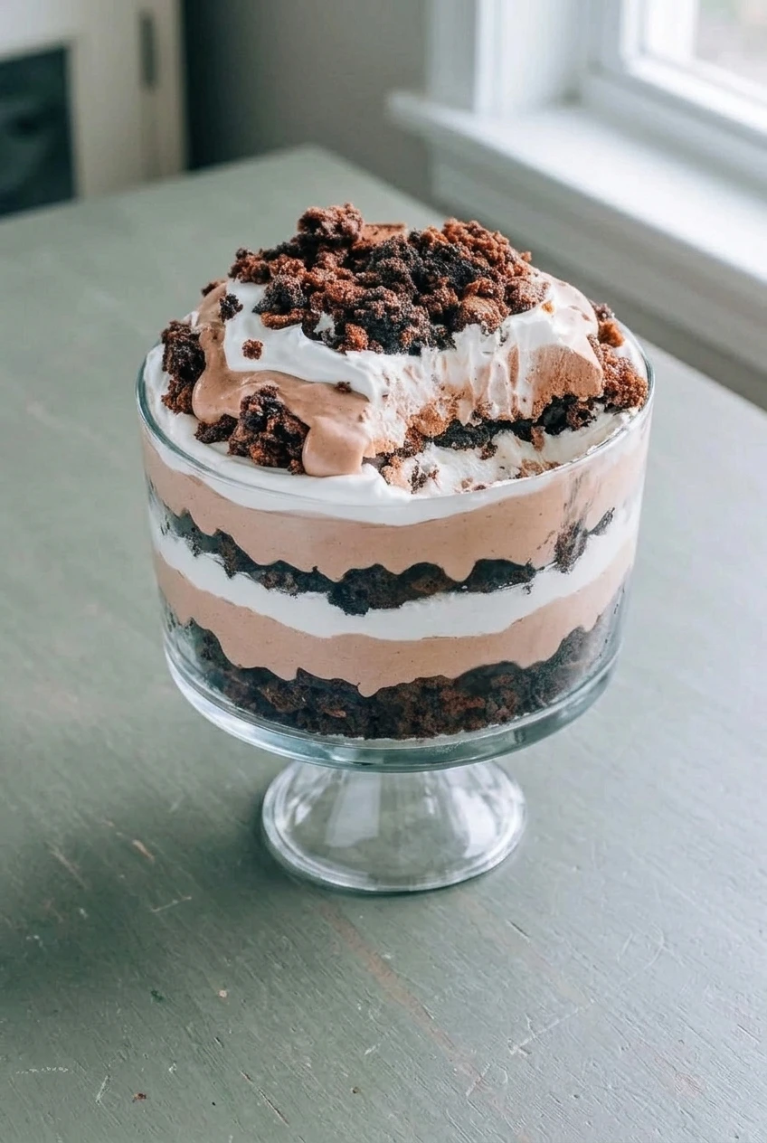 Wider view of the complete Christmas brownie trifle in its clear glass bowl on a neutral surface.