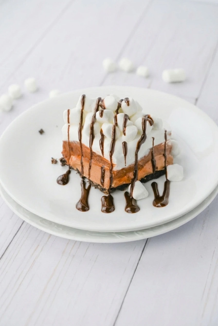 A full plate with a square slice of no-bake hot chocolate lasagna and its layered Oreo crust, topping, marshmallows, and drizzle