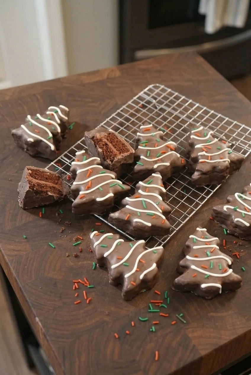 A wider view of chocolate Christmas Tree Cakes arranged together, with white drizzle and colorful sprinkles visible.