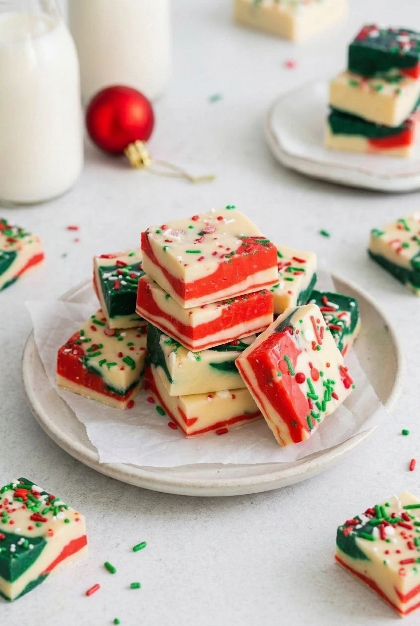 A full plate of layered Christmas fudge squares with red and green sprinkles on a neutral surface