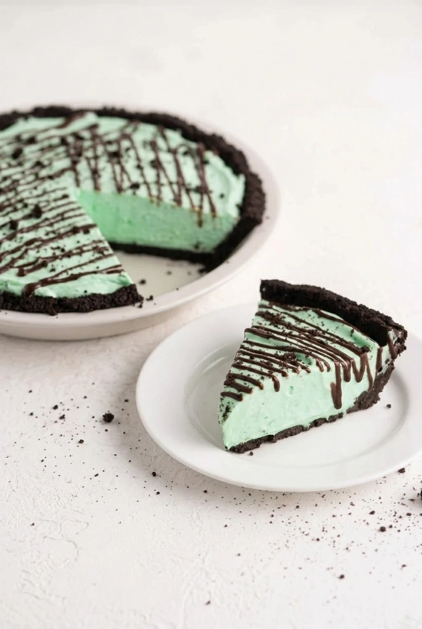 A whole no-bake peppermint pie with one slice served beside it, showing the green filling and dark crust.