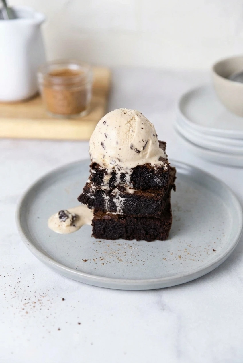 A full plate with stacked gingerbread brownies and vanilla ice cream on a light surface