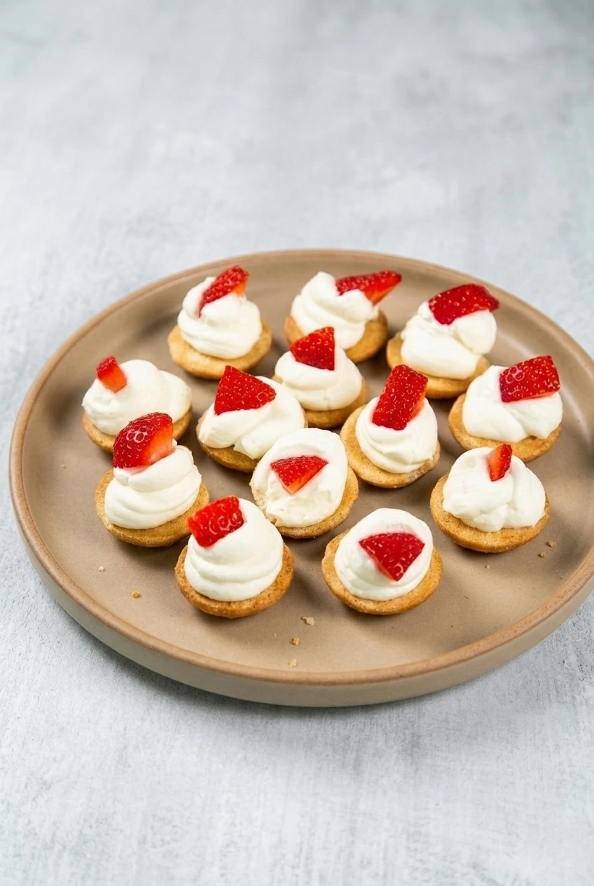 A full plate of strawberry-topped no-bake cheesecake bites with the golden cookie bases visible