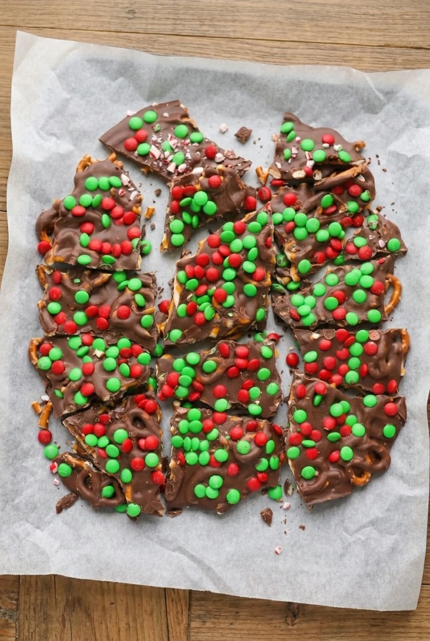 A full serving of irregular Christmas chocolate bark shards on pale gray parchment, topped with pretzels and festive candies