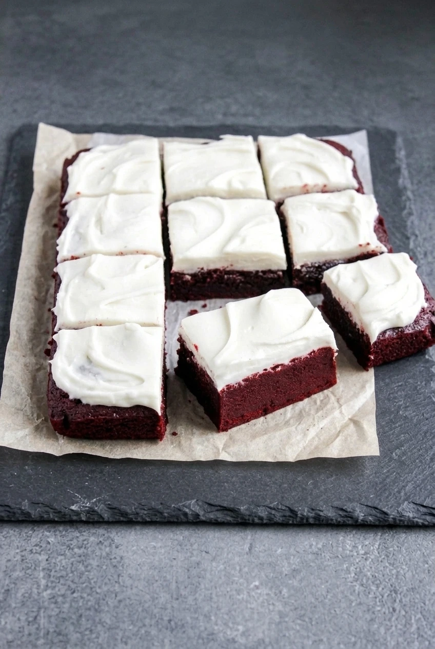 A wider view of frosted Christmas red velvet brownie squares arranged on a charcoal serving surface