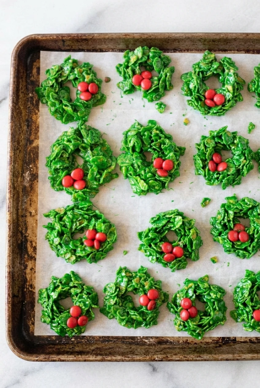 A wider view of a batch of green Christmas Cornflake Wreath Cookies arranged on a parchment-lined baking sheet