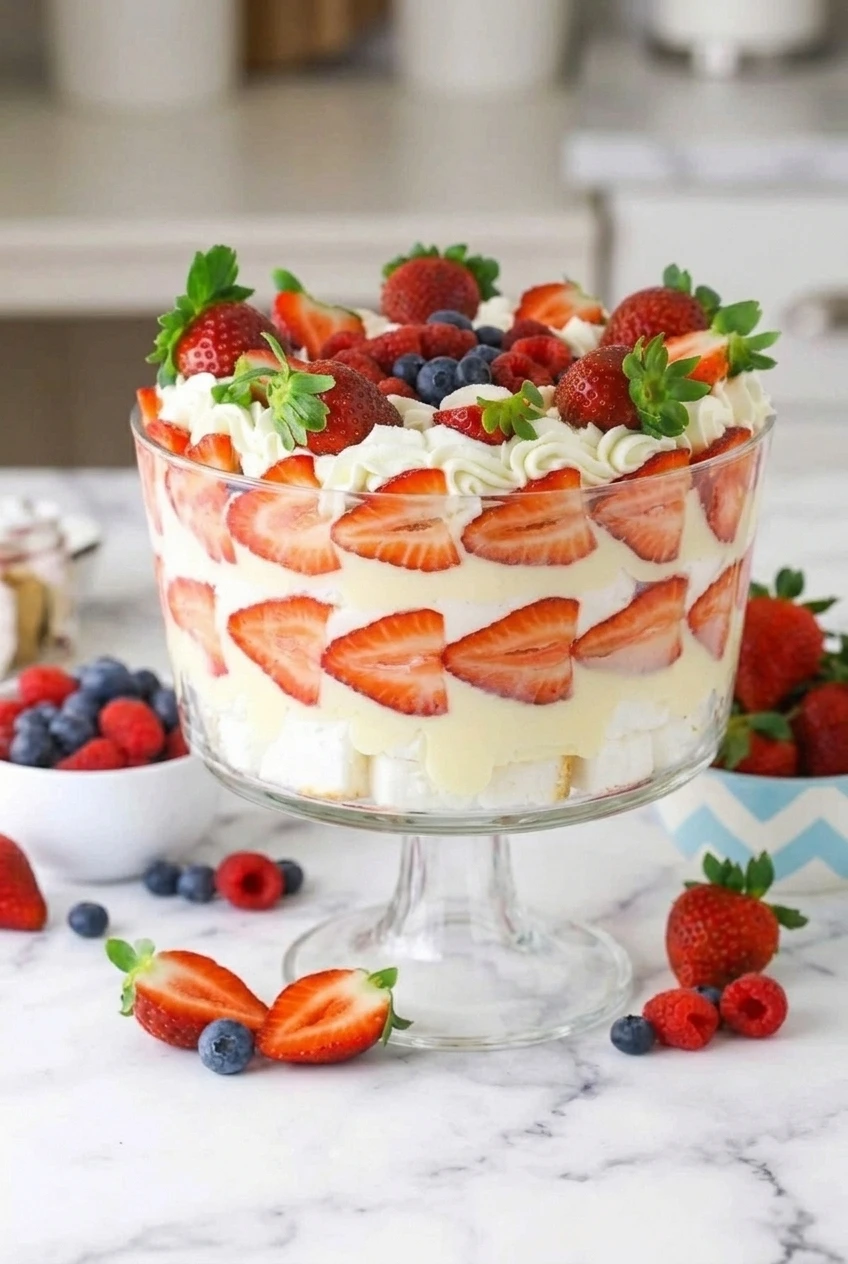 Wide view of a complete Christmas berry trifle in a clear footed bowl on a pale surface