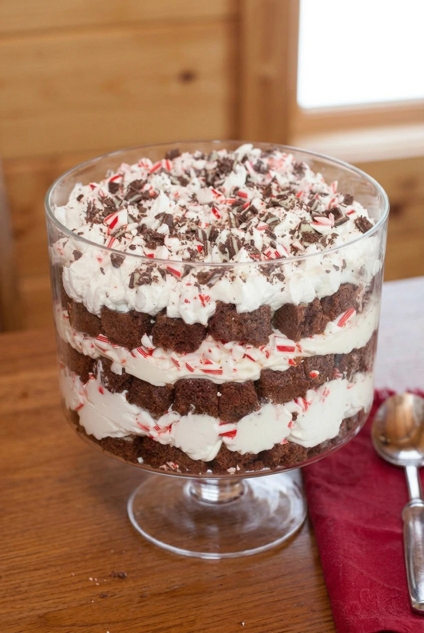 A full glass bowl of peppermint chocolate trifle centered on a wooden surface, showing its brownie and cream layers