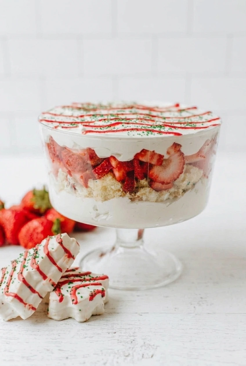 Wide view of the complete Christmas Tree Cake trifle and decorated snack cakes on a white surface