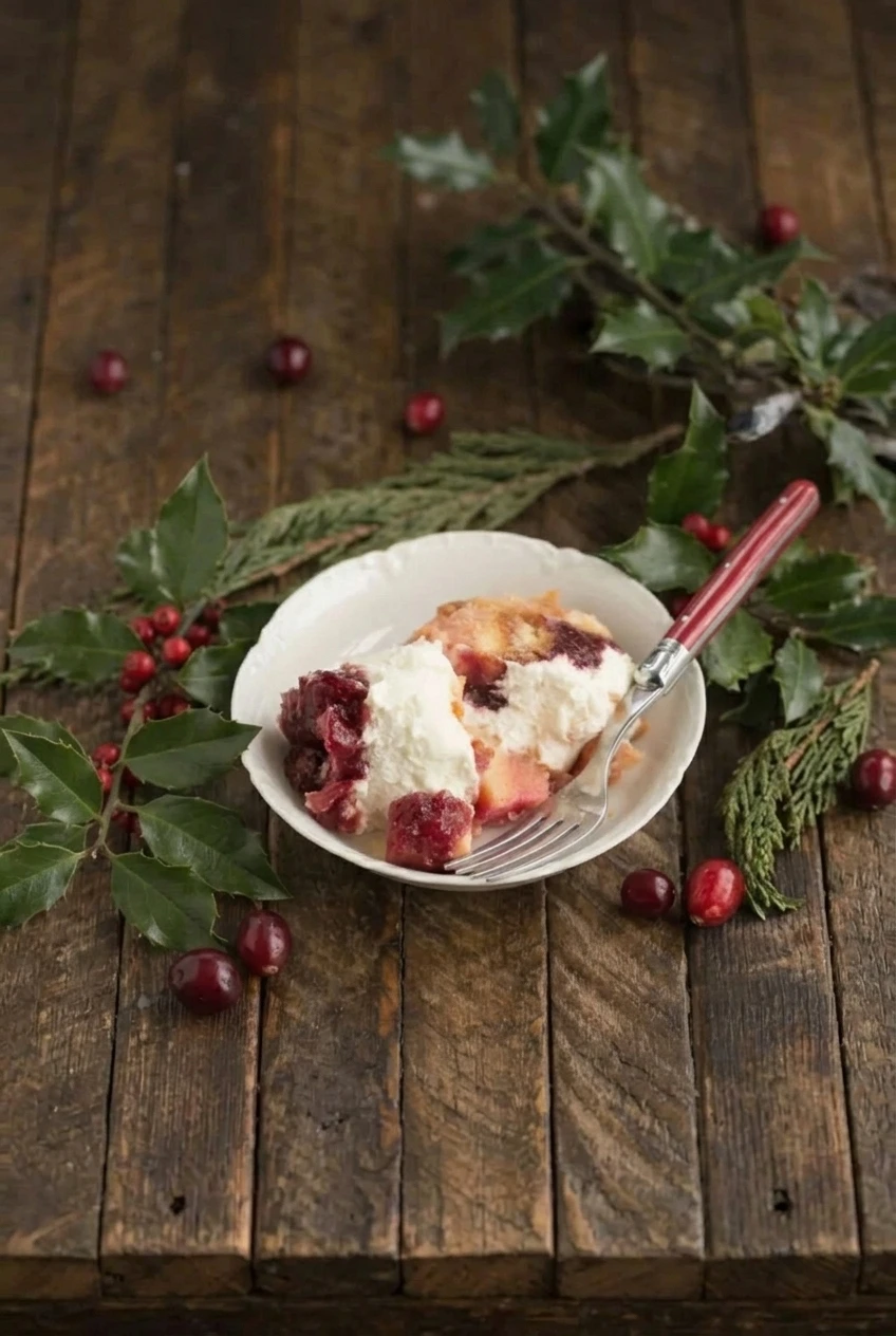 A full serving of cranberry orange Christmas trifle in a white dessert bowl on a rustic tabletop