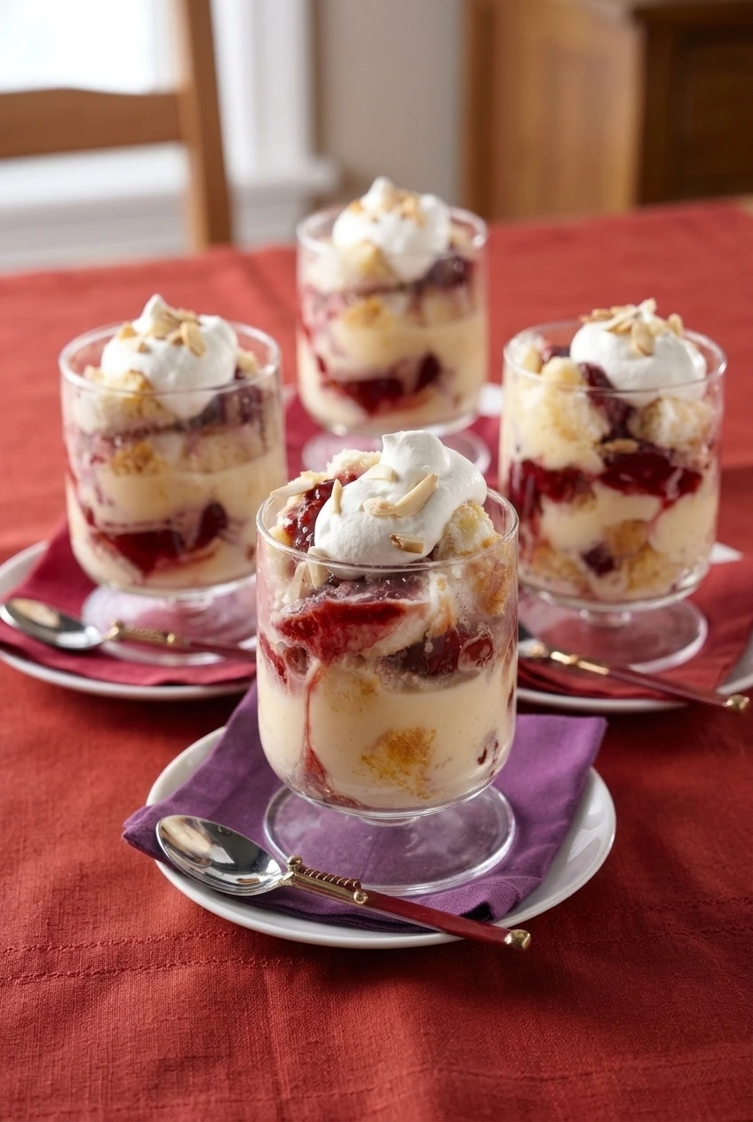A group of clear stemmed glasses filled with layered eggnog Christmas trifle, cake, cherry compote, whipped cream, and almonds