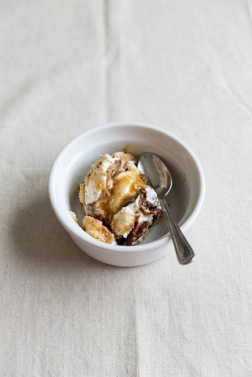 A complete bowl of pecan pie trifle with visible pie pieces, cream, sauce, and spoon on a light surface