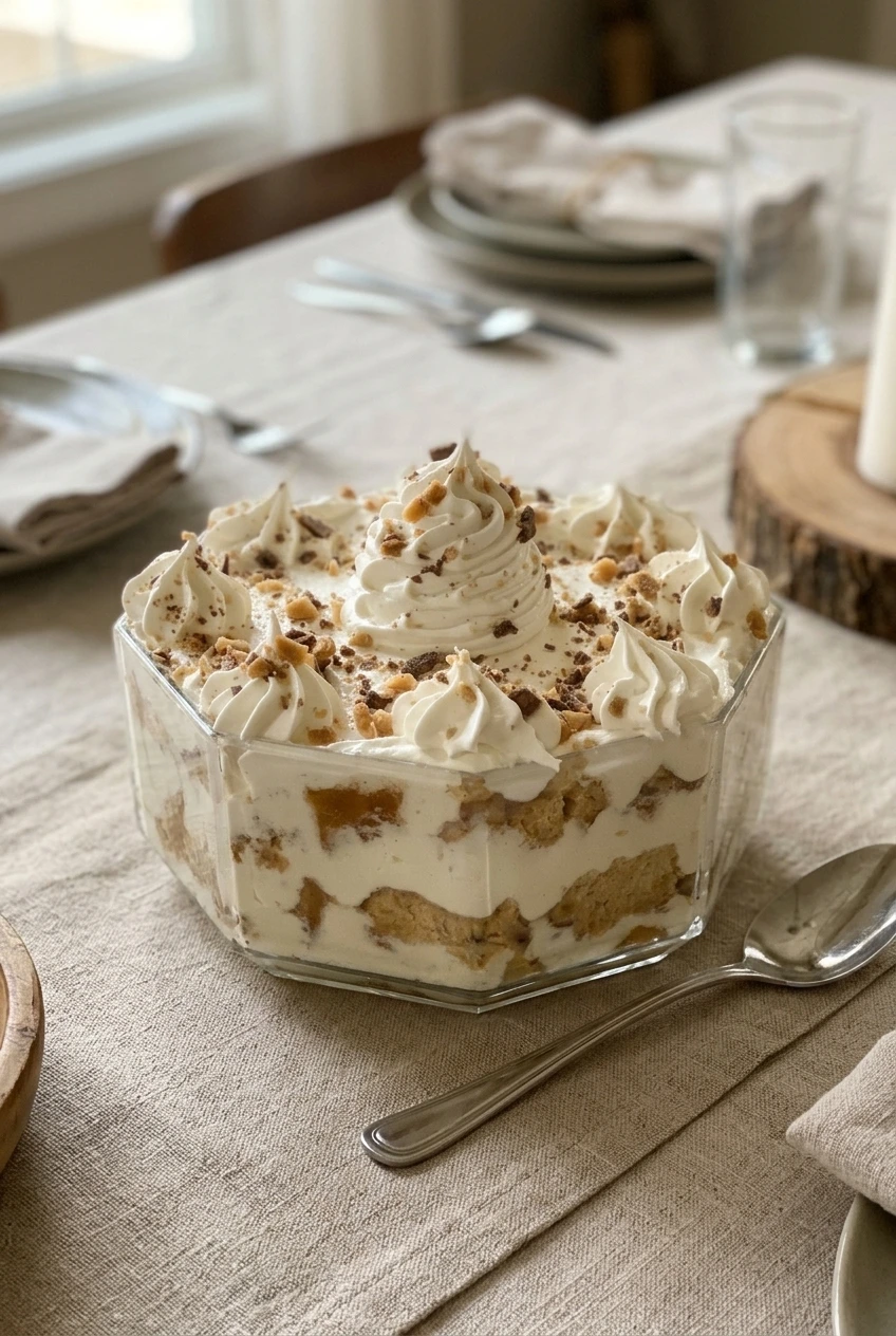 Whole Christmas tiramisu trifle in a clear glass bowl, with piped cream peaks and visible cake and mascarpone layers
