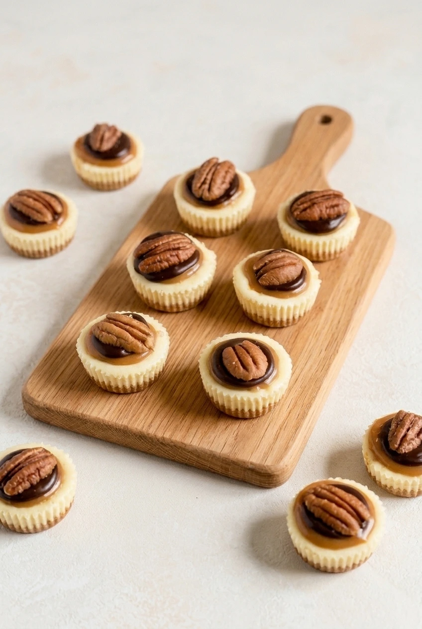 A wider view of a full board of mini turtle cheesecake cups with caramel, chocolate, and pecan halves.